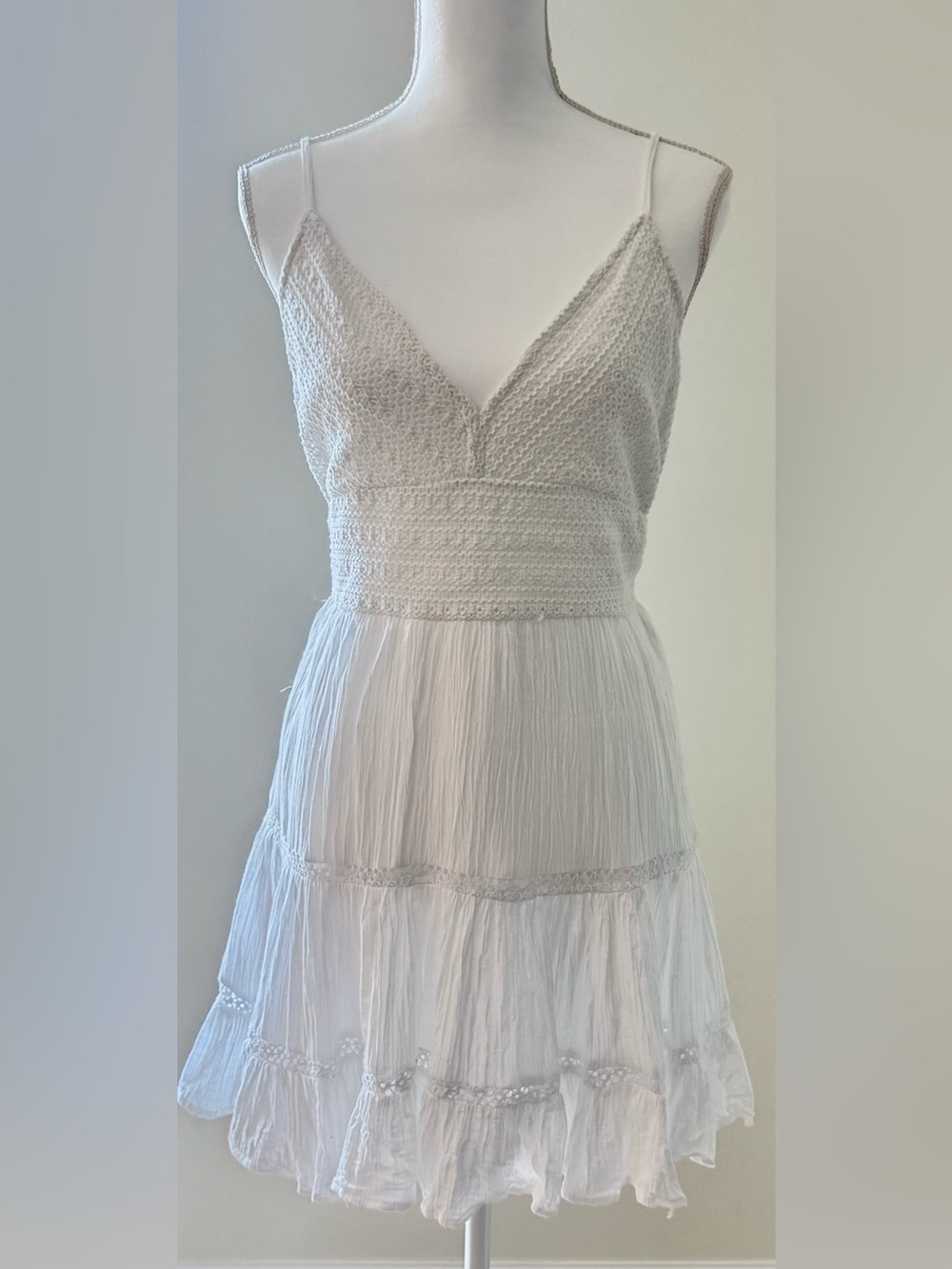 American Eagle White Crochet Tiered Mini Dress Size Large